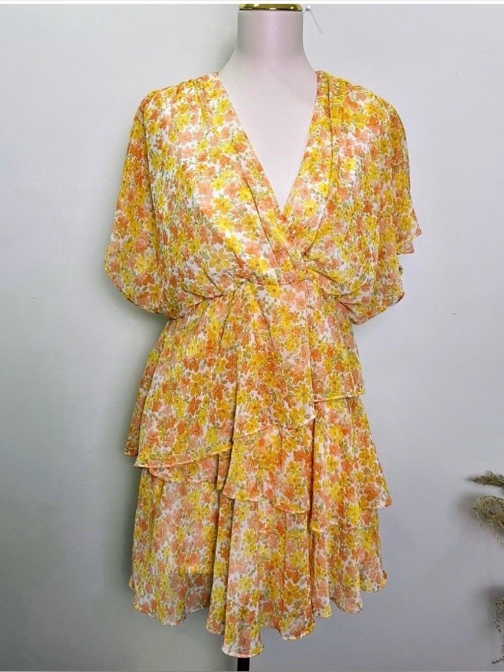 1. State Tiered Chiffon Dress with Surplice Neckline in Cornsilk Size M